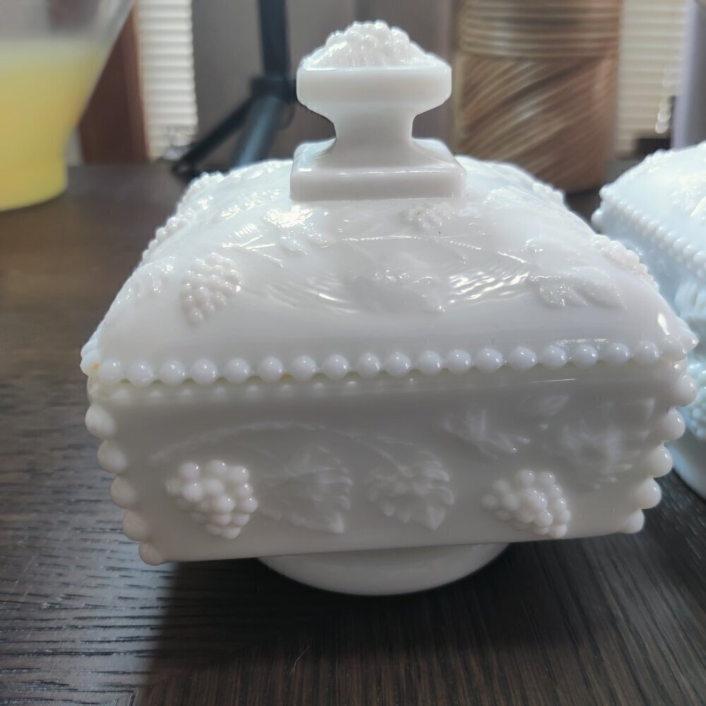 Westmorland milk glass candy dish with lid. Highly decorated & embossed. 2 avail